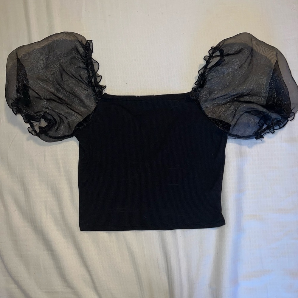 Altar'd State Black Sheer Puff Sleeve Blouse